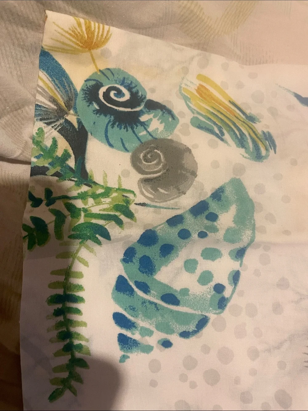 Handcrafted Cotton Napkin with Teal Seaweed Motif and shells . Set of 4